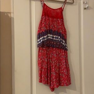 Red Printed Romper with Lace Faux Halter